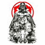 Ilustração em preto e branco com Darth Vader no centro, cercado por vilões de Star Wars, como Darth Maul e Conde Dookan, com fundo de estéticas espaciais e o símbolo do Império em vermelho.
