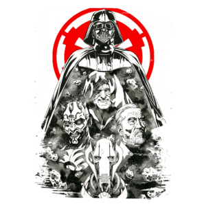 Ilustração em preto e branco com Darth Vader no centro, cercado por vilões de Star Wars, como Darth Maul e Conde Dookan, com fundo de estéticas espaciais e o símbolo do Império em vermelho.