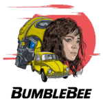 Ilustração do personagem Bumblebee, com um robô amarelo, um carro amarelo estilo fusca e a protagonista feminina, retratando o filme "Bumblebee".