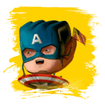 Personagem cartoon do Capitão América sorrindo, com um escudo e uma bandeira dos EUA, em fundo amarelo vibrante.