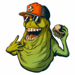 Personagem fictício verde com boné e óculos escuros, segurando um hambúrguer e fazendo um gesto de rock. Ideal para temas de cultura pop e produtos relacionados a alimentos.