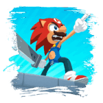 Personagem animado em pé em uma plataforma, segurando uma espada grande, vestindo uma camiseta azul e um macacão. O fundo é azul claro, destacando a pose heroica e a expressão determinada do personagem.