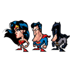 Três super-heróis em estilo cartoon: Mulher Maravilha, Superman e Batman, em poses de ação e com expressões determinadas.