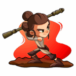 Personagem estilo cartoon inspirado na Rey de Star Wars, segurando um bastão em uma pose de combate, com fundo vermelho que sugere intensidade e ação.