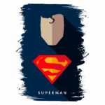 Ilustração minimalista do Superman, destacando seu símbolo icônico em vermelho e amarelo, com um fundo azul escuro e uma representação estilizada de seu rosto. Ideal para fãs de quadrinhos e cultura pop.