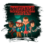 Personagens de "Stranger Things" em estilo de desenho animado, com os protagonistas prontos para enfrentar o desconhecido em um ambiente sombrio e misterioso, com a logomarca da série em destaque.