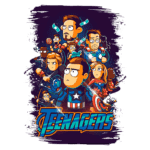 Ilustração colorida de personagens em estilo cartoon inspirado em super-heróis, com destaque para um personagem central vestido como Capitão América, rodeado por outros heróis e vilões, com o título "TEENAGERS" em destaque na parte inferior.