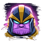 Ilustração de Thanos, personagem fictício do universo Marvel, com pele roxa, expressões imponentes e capacete dourado e azul, em um fundo energético roxo.