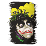 Ilustração do personagem inspirado no Coringa, com maquiagem característica e uma coroa de agulhas, representando a "Técnica Ludovico", em fundo preto com detalhes em amarelo.