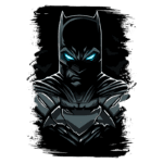 Imagem estilizada do Batman com um fundo escuro, apresentando um traje preto e detalhes em azul luminoso nos olhos, simbolizando seu papel como protetor de Gotham.