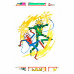 Ilustração colorida do Homem-Aranha e um vilão usando poderes elétricos, cercados por raios amarelos, em ação dinâmica. Fundo em estilo de quadrinhos com detalhes vibrantes.