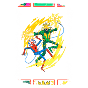 Ilustração colorida do Homem-Aranha e um vilão usando poderes elétricos, cercados por raios amarelos, em ação dinâmica. Fundo em estilo de quadrinhos com detalhes vibrantes.