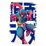 Personagem de quadrinhos estilo super-herói, vestindo um traje azul e verde com detalhes em vermelho. Ele está em uma pose dinâmica, com os braços estendidos e um sorriso confiante. Ao fundo, há caracteres em japonês que adicionam um toque moderno e vibrante à imagem.
