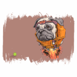 Ilustração de um cachorro da raça pug vestido com um traje espacial, flutuando no ar. O pug tem um olhar curioso e está em direção a uma bola de tênis verde, com efeitos de propulsão visíveis embaixo do traje.