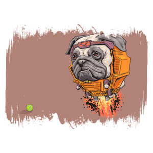 Ilustração de um cachorro da raça pug vestido com um traje espacial, flutuando no ar. O pug tem um olhar curioso e está em direção a uma bola de tênis verde, com efeitos de propulsão visíveis embaixo do traje.