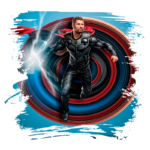 Imagem do personagem Thor, da Marvel, em ação, segurando seu martelo Mjolnir, com um fundo de redemoinho colorido e efeitos de raios.