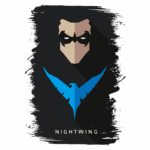 Ilustração estilizada do super-herói Nightwing, destacando seu traje preto e a emblemática asa azul, com um fundo escuro e pinceladas artísticas.
