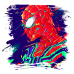 Ilustração vibrante do Homem-Aranha, destacando seu traje vermelho e azul, com elementos coloridos e dinâmicos. A arte é inspirada no filme "Spider-Man: Far From Home", mostrando a habilidade do ilustrador em capturar a essência do personagem.