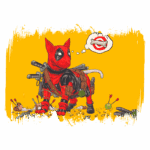 Cão super-herói inspirado no Deadpool, vestido com traje vermelho e preto, cercado por brinquedos e armas, sonhando com um osso, em um fundo amarelo vibrante.