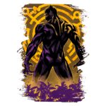 Ilustração do Pantera Negra em uma pose poderosa, destacando sua armadura escura e musculatura, com um fundo amarelo e símbolos africanos. Elementos tropicais visíveis na parte inferior da imagem. Ideal para fãs de quadrinhos e cultura pop.