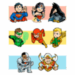 Personagens da DC Comics em estilo cartoon, incluindo Superman, Mulher Maravilha, Batman, Lanterna Verde, Flash, Aquaman, Cyborg e Shazam, em um formato de ilustração colorida e divertida.