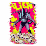 Ilustração de um alienígena ameaçador em destaque, cercado por caveiras, com um fundo vibrante em tons de rosa e amarelo. O alienígena possui características distintas, como tentáculos e uma aparência musculosa, evocando um tema de ficção científica e terror.