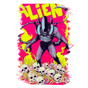 Ilustração de um alienígena ameaçador em destaque, cercado por caveiras, com um fundo vibrante em tons de rosa e amarelo. O alienígena possui características distintas, como tentáculos e uma aparência musculosa, evocando um tema de ficção científica e terror.