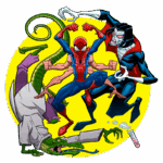 Ilustração de super-heróis com Spider-Man em destaque, lutando contra vilões como Lagarto e Carnificina, em um fundo amarelo vibrante. A cena captura a dinâmica da ação do universo dos quadrinhos.