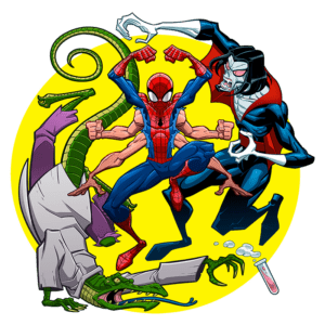 Ilustração de super-heróis com Spider-Man em destaque, lutando contra vilões como Lagarto e Carnificina, em um fundo amarelo vibrante. A cena captura a dinâmica da ação do universo dos quadrinhos.