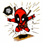 Ilustração de um personagem em estilo cartoon, inspirado no Deadpool, pulando com uma expressão animada, usando um traje vermelho e preto, com armas nas costas e um símbolo de caveira ao fundo. A imagem transmite ação e movimento dinâmico.