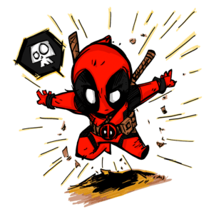 Ilustração de um personagem em estilo cartoon, inspirado no Deadpool, pulando com uma expressão animada, usando um traje vermelho e preto, com armas nas costas e um símbolo de caveira ao fundo. A imagem transmite ação e movimento dinâmico.