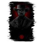 Retrato estilizado de um cowboy negro com chapéu e expressão séria, contra um fundo vermelho dramático, representando um personagem icônico do gênero western.