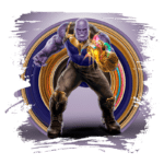 Thanos, personagem icônico dos quadrinhos da Marvel, posando com a Manopla do Infinito, em um fundo colorido e dinâmico.