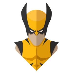 Ilustração estilizada do personagem Wolverine, com traje amarelo e preto, destacando seu icônico capacete e expressão determinada. Ideal para fãs de quadrinhos e cultura pop.