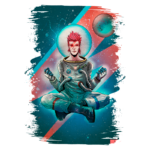 Ilustração de um astronauta meditativo flutuando no espaço, com cabelo vermelho e traje espacial azul. O fundo apresenta elementos cósmicos, incluindo planetas e formas geométricas nas cores azul e vermelho, criando uma atmosfera futurista.