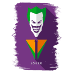 Imagem estilizada do Coringa, personagem icônico dos quadrinhos, com fundo roxo. O design apresenta seu rosto com sorriso sinistro e cabelo verde, juntamente com um símbolo geométrico em laranja e verde abaixo.