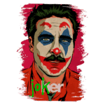 Ilustração do personagem Coringa, retratado com maquiagem clássica de palhaço, incluindo rosto branco, nariz vermelho e olhos azuis e vermelhos. O personagem é apresentado em um fundo vibrante, com o nome "Joker" em destaque.