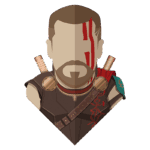 Personagem estilizado de um guerreiro com barba e marcas vermelhas no rosto, usando uma armadura escura. Ele é adornado com detalhes em dourado e carrega armas, simbolizando força e bravura no contexto de um jogo de ação.