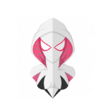 Ilustração de uma super-heroína inspirada no universo do Homem-Aranha, com capuz branco e detalhes em rosa, destacando a máscara e o corpo estilizado. Ideal para conteúdos sobre quadrinhos e cultura pop.