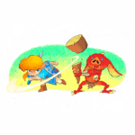 Personagem de videogame icônico, com cabelo loiro e traje azul, se prepara para atacar um inimigo antropomórfico de pele vermelha que segura um tronco de árvore. Fundo colorido destaca a ação dinâmica entre os dois personagens.