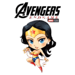 Ilustração de personagem estilo chibi da Mulher-Maravilha, com laço da verdade, em destaque para o filme "Avengers: Endgame" da Marvel Studios.