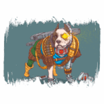 Cachorro robótico de raça pit bull com um olho cibernético, usando um traje de combate equipado com acessórios e munições, em uma pose heroica sobre um fundo texturizado.