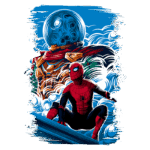 Ilustração do Homem-Aranha em uma pose dinâmica, com efeitos de ondas ao fundo e a figura de Mysterio, destacando-se com um globo azul. A arte apresenta um estilo vibrante e colorido, capturando a essência dos super-heróis da Marvel.