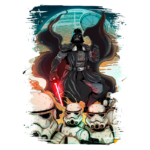 Darth Vader em destaque, segurando um sabre de luz vermelho, com Stormtroopers em frente. O fundo apresenta uma imagem do planeta e naves espaciais, evocando a atmosfera da saga Star Wars. Arte estilizada e colorida.