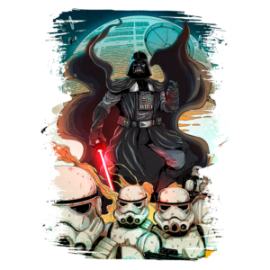 Darth Vader em destaque, segurando um sabre de luz vermelho, com Stormtroopers em frente. O fundo apresenta uma imagem do planeta e naves espaciais, evocando a atmosfera da saga Star Wars. Arte estilizada e colorida.