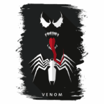 Imagem estilizada do personagem Venom, apresentando uma figura sombria com olhos brancos, dentes afiados e uma língua vermelha longa. Abaixo, uma representação estilizada de uma aranha em preto e branco, com o nome "VENOM" destacado.