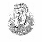 Desenho em preto e branco de um dinossauro Tiranossauro Rex com um explorador montado em suas costas, em um ambiente pré-histórico com montanhas e vegetação ao fundo.