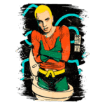 Ilustração de um personagem de quadrinhos com cabelo loiro, vestindo uma camiseta vermelha e luvas verdes, sentado em um vaso sanitário. O fundo apresenta elementos gráficos coloridos e um estilo artístico vibrante, evocando uma estética de cultura pop.