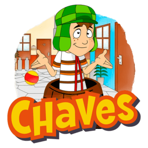 Imagem do personagem Chaves, conhecido pela sua roupa listrada e chapéu verde, saindo de um barril em um cenário de vila. O fundo mostra portas e uma bola, representando a atmosfera da série de TV clássica.