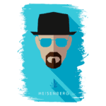 Ilustração estilizada de Heisenberg, personagem icônico da série Breaking Bad, com chapéu preto e óculos escuros, em fundo azul.